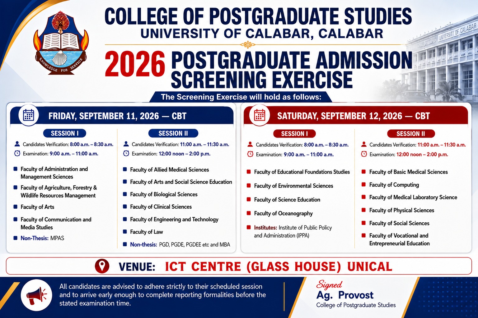 2026 Postgraduate Admission Screening Exercise